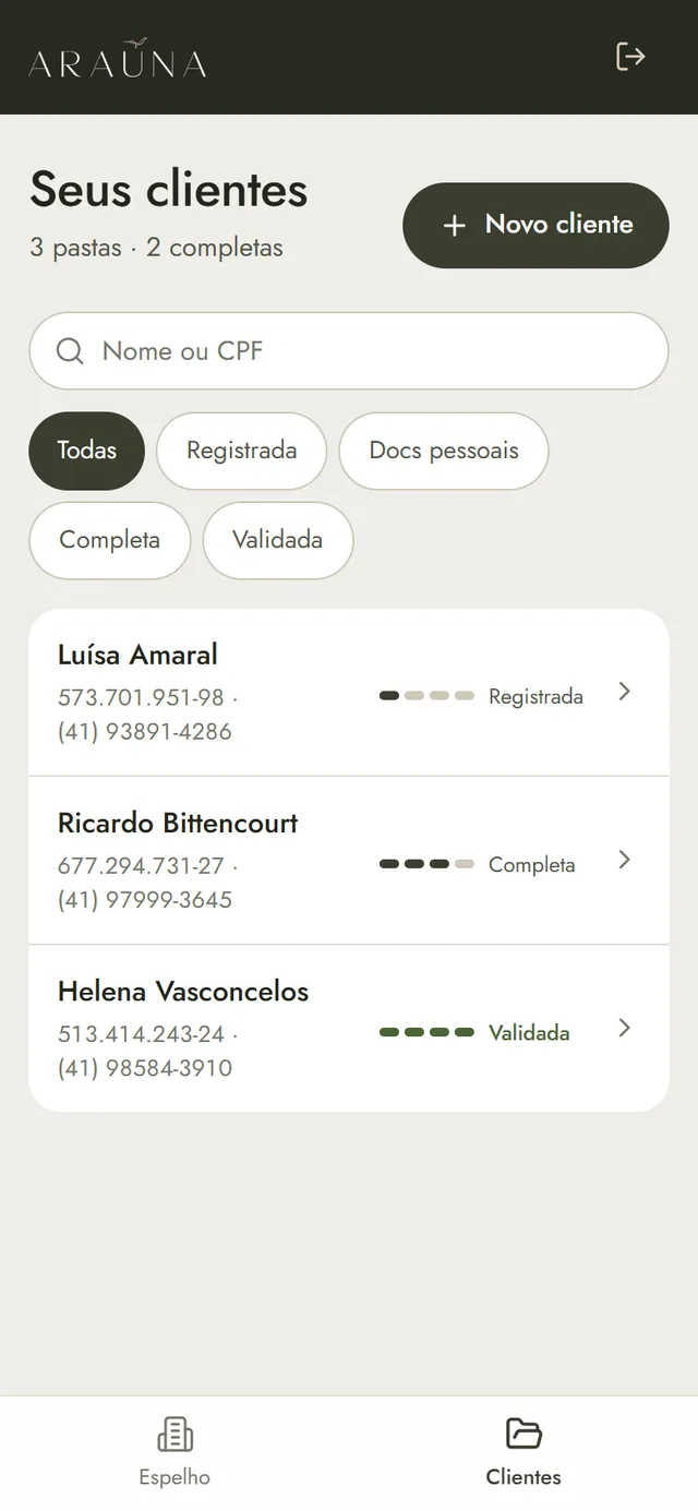 Lista dos seus clientes com o nível de cada pasta
