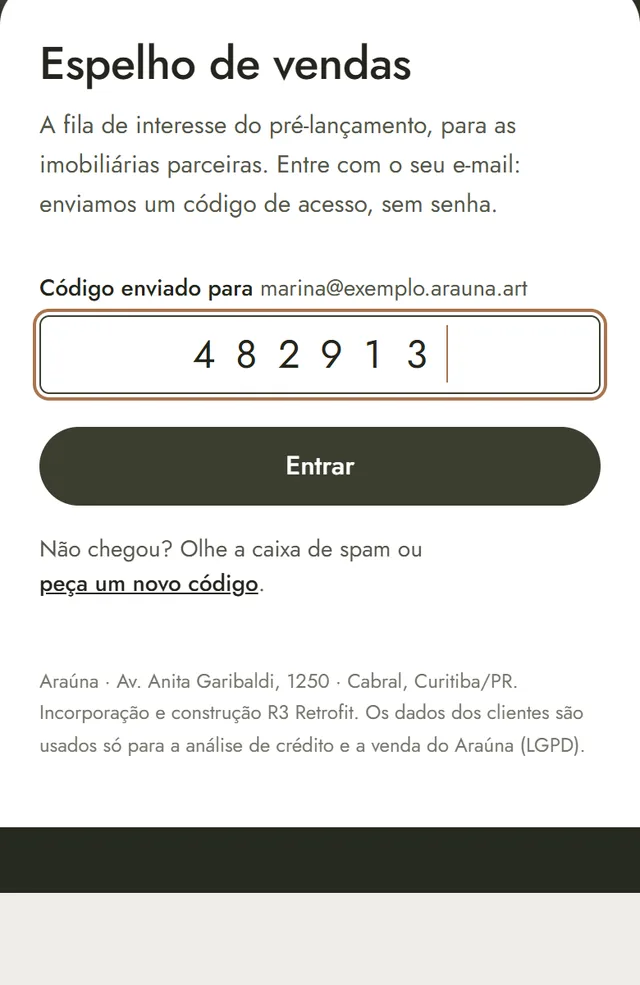 Campo do código de 6 números