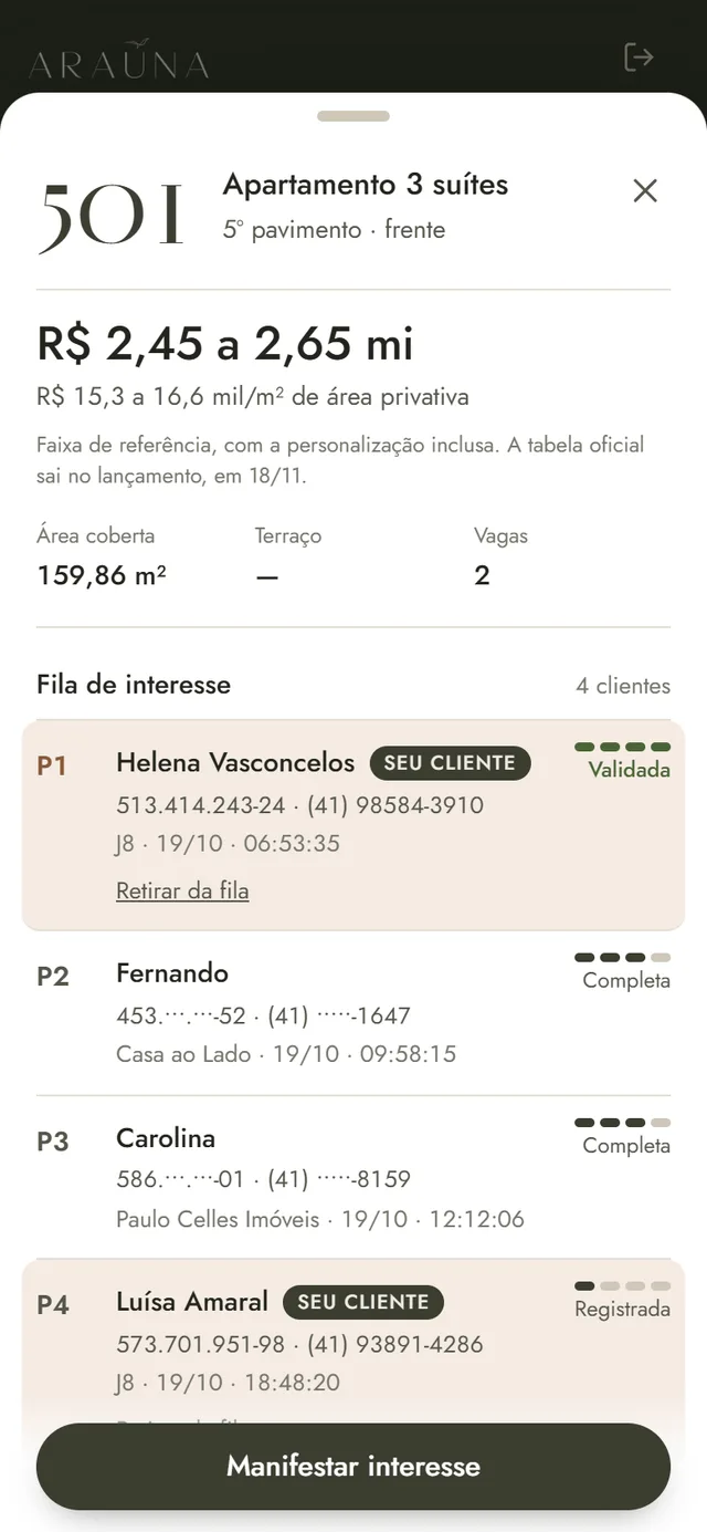 Ficha da unidade 501 com faixa de preço e áreas