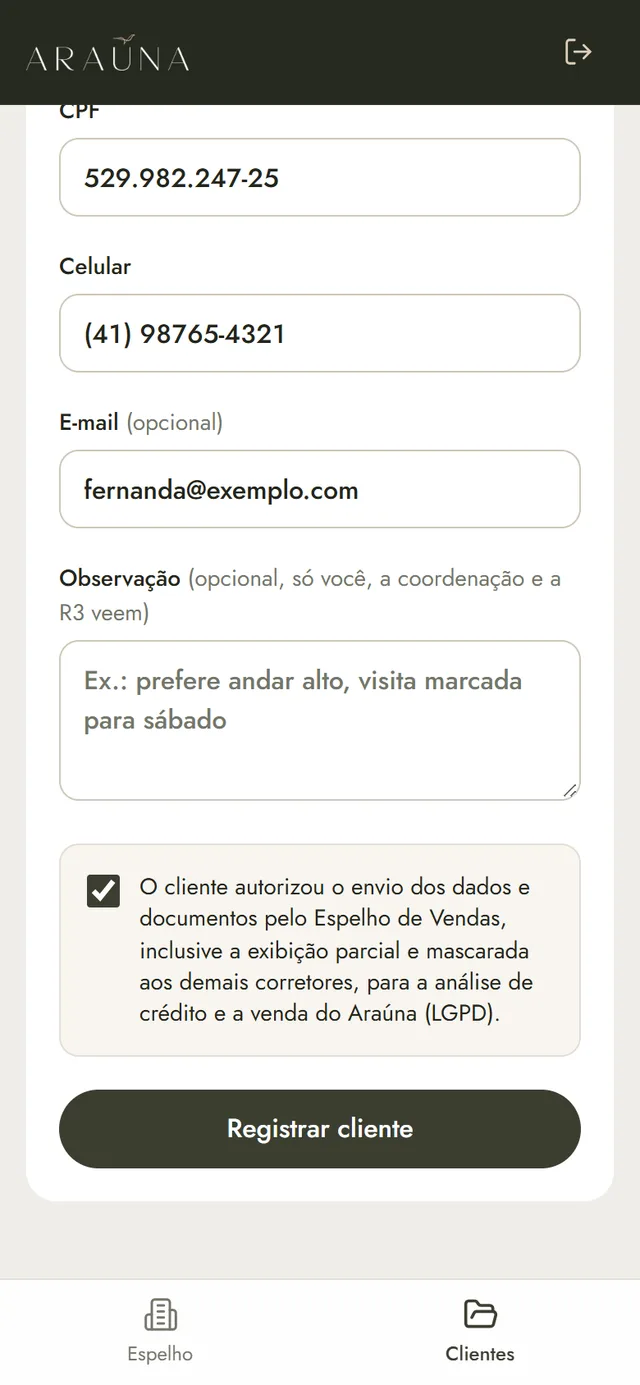Formulário de novo cliente com a autorização da LGPD