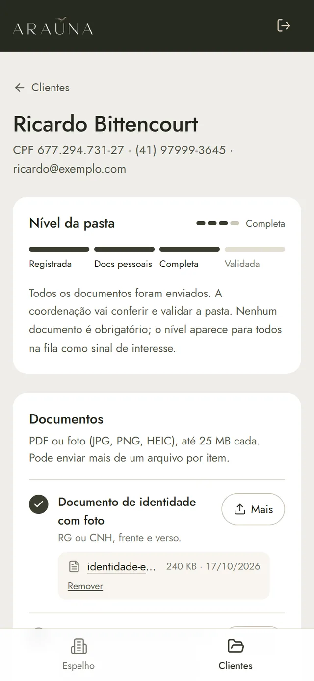 Pasta do cliente com o nível e os documentos